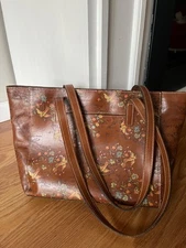 Patricia Nash Varsi Tote Bag Floral Map Print Birds Brown Leather P6533330