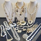 LARGE VINTAGE ESTATE White And Gold Tone COSTUME JEWELRY LOT C