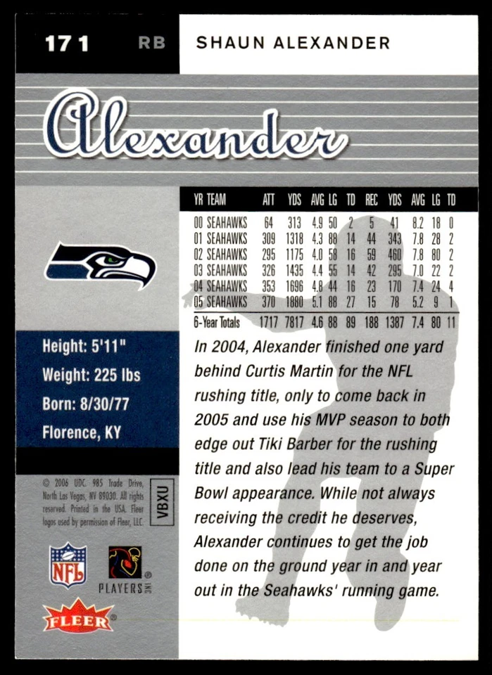 2006 Ultra Shaun Alexander Seattle Seahawks #171 - Image 2 of 2