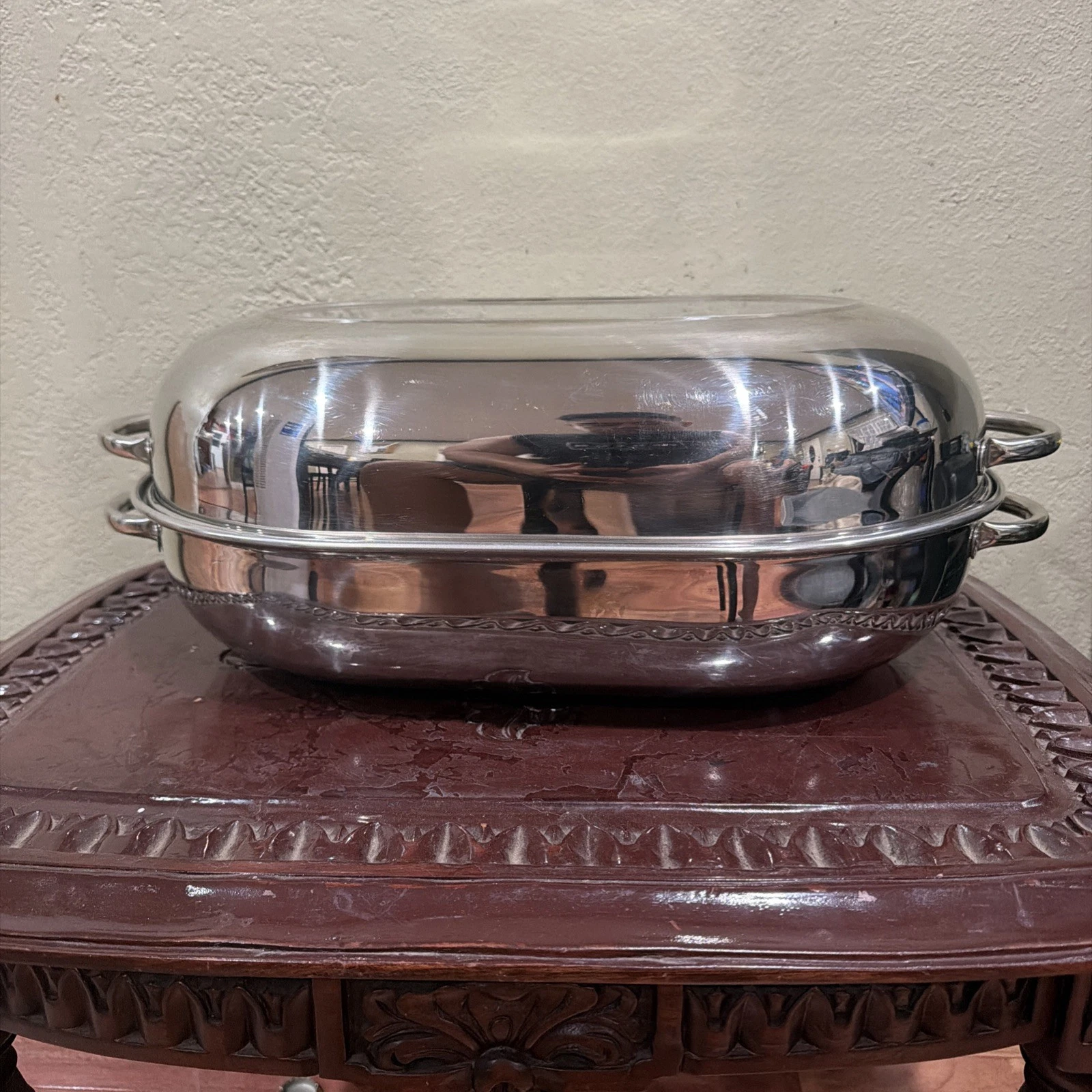 Revere Ware Turkey Roaster Roasting Pan w/ Rack Dome Lid Stainless Steel Chrome