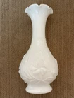 Vintage Imperial Glass White Milk Glass Bud Vase Embossed Roses Ruffled Rim 6"