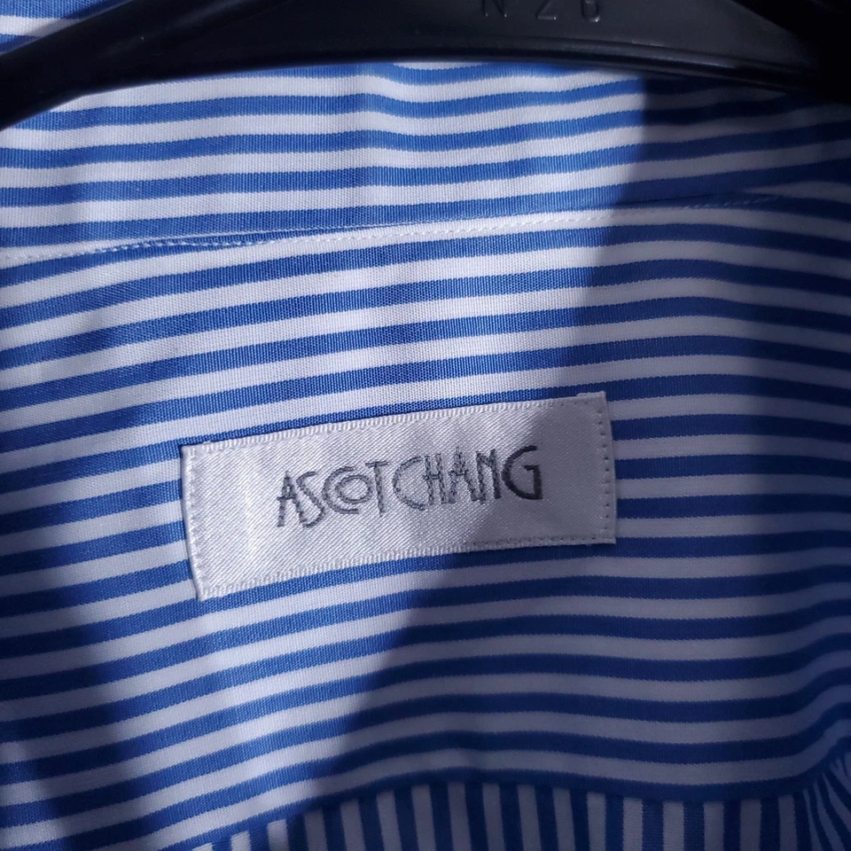 Camisa de vestir Ascot Chang para hombre grande azul blanco a rayas puño francés algodón fino 16 Foto 4 de 4