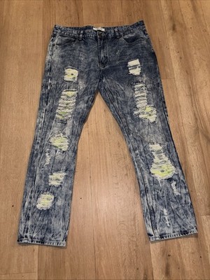 City Ink Premium Distressed Denim Jeans Men s 40x32 Neon Underlay Slim Fit ￼