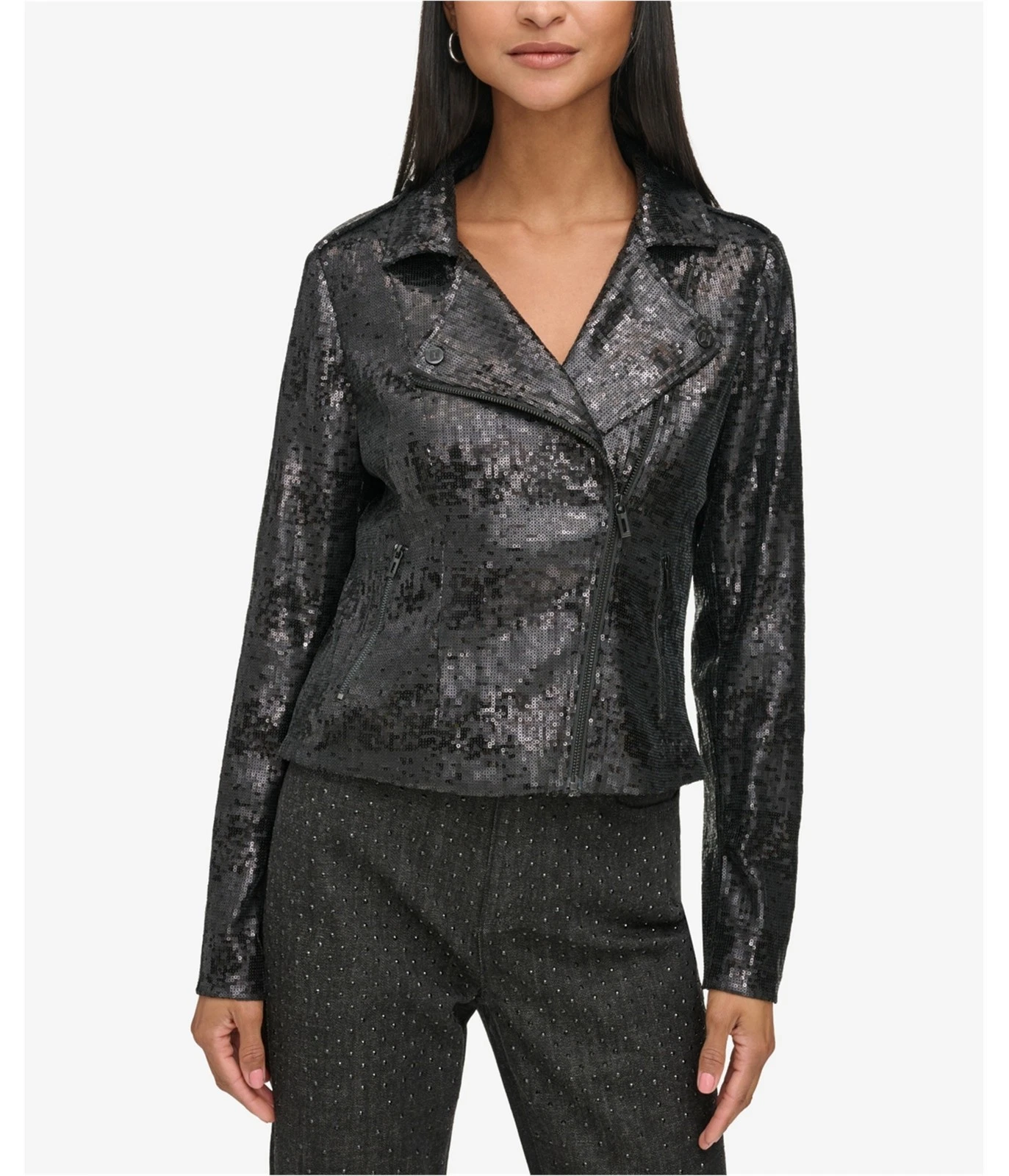 Karl Lagerfeld Womens Sequined Motorcycle Jacket