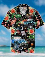 Jeep And Flamingo Print Hawaiian Shirt