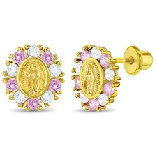 Gold Plated Our Lady of Guadalupe Cubic Zirconia Safety Screw Back Baby Earrings