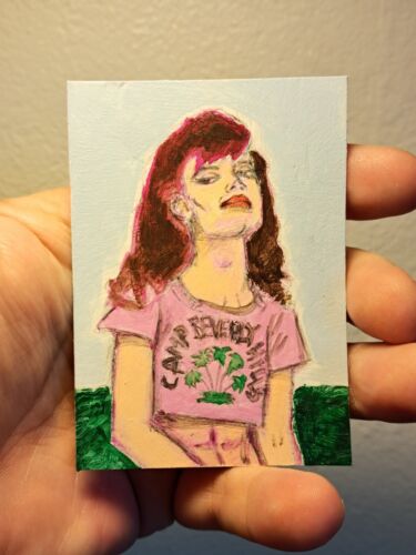 aceo original art card acrylic "Girl in pink camp shirt" (OOAK) Limit 1/1 Signed - Picture 1 of 13