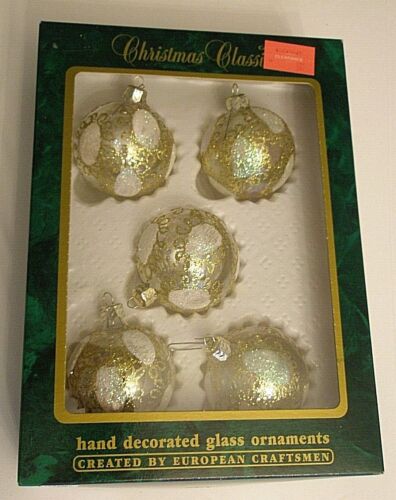 5 Christmas Classics Glass Ornaments Commodore Frosted Glitter EUC CE