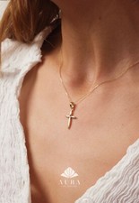 14K Gold Cross Necklace, Crucifix Gold Necklace, Dainty Gold Cross Pendant