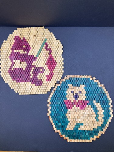 Vintage Beaded Trivets -Set of 2- Fishing Bear and Cat 8” diam.