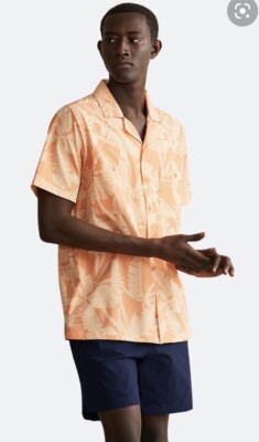 Onia Camp Stretch Chambray Tonal Palm Orange Men s Hawaiian Shirt Men s M $175