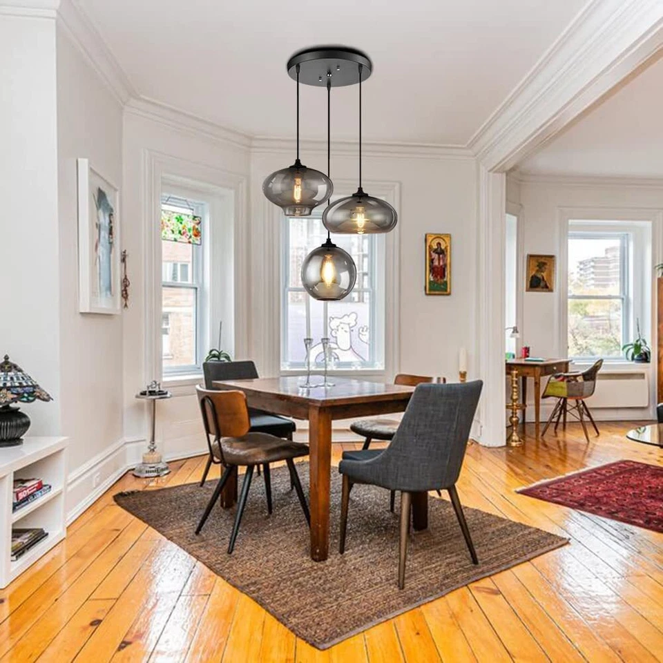 Lámpara de araña moderna con racimo de globo de vidrio gris ahumado de 3 luces de vidrio colgante Foto 2 de 4