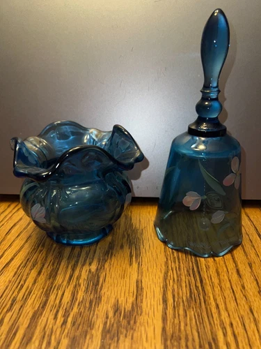 Vintage Fenton Blue Bell & Bowl Hand-painted Flowers Signed By Artists