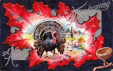 Antique Thanksgiving Card Narragansett Blue Turkey Faux Frame Vtg Postcard F5