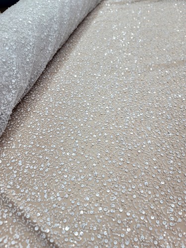 White Beaded Sequins Embroidery Bridal Stretch Lace Fabric By The Yard Wedding - Picture 13 of 13
