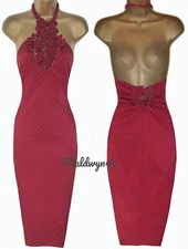 KAREN MILLEN ✩ VINTAGE RED SHIMMER JACQUARD HALTER PENCIL COCKTAIL DRESS ✩ UK 12