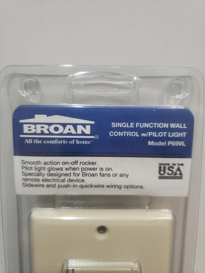 Interruptor basculante de luz piloto de una sola función Broan P69VL, blanco apagado Foto 2 de 4