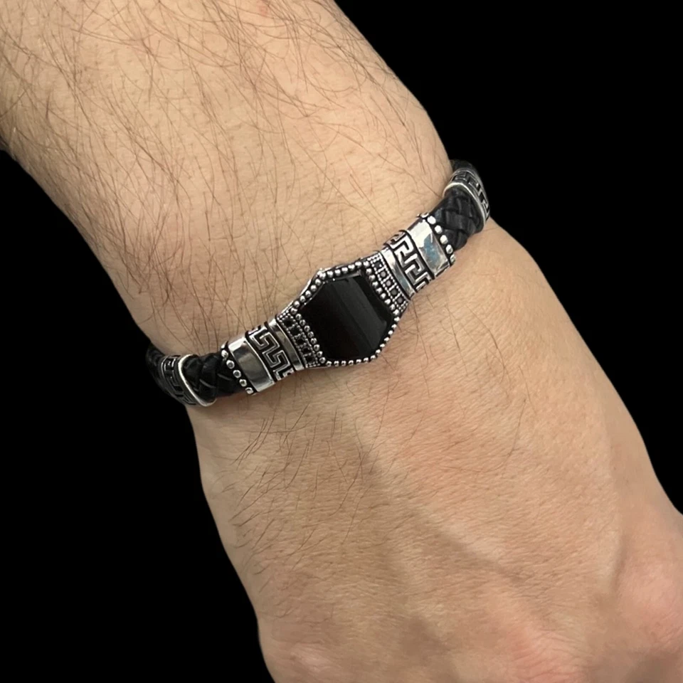 Мужской браслет-манжета ювелирные изделия серебро 925 пробы камень оникс кожаный браслет - Изображение 2 из 4