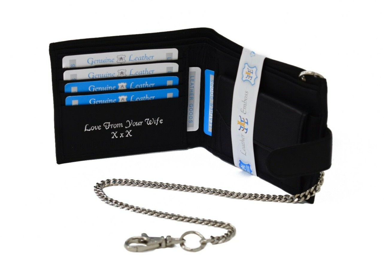 Personalised Engraved Mens Quality Luxury Soft Black Leather Chain Card wallet image 2