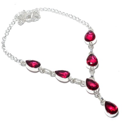 Collier En Argent Sterling 925 Avec Pierre « Sunstone » Rouge (Lab-Created) - Longueur 18 Pouces (~46 Cm) Réglable - Fait Main En Inde - Neuf Sans Emballage