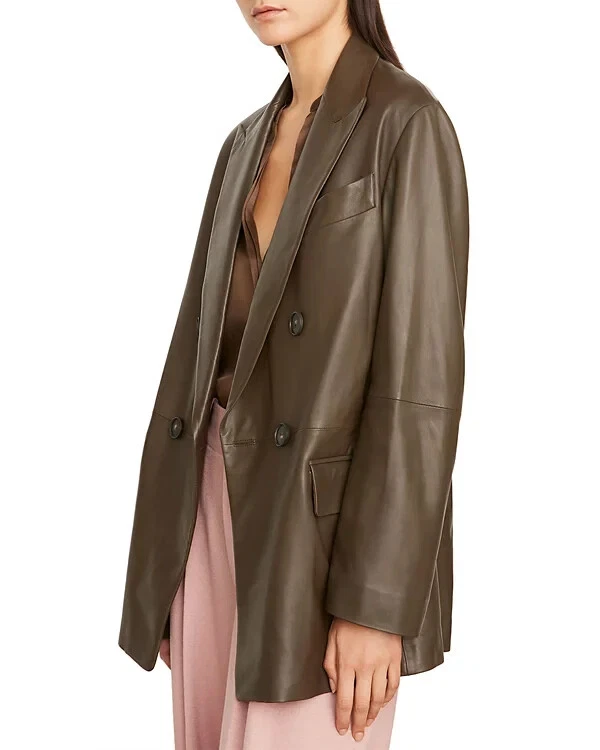 $1495 Vince Women's Oversized Double Breasted Leather Blazer Jacket Coat M Clove