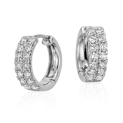 Iced Cz Two Row Cz White Gold Plated Sterling Silver Post Men's Hoop Earrings
