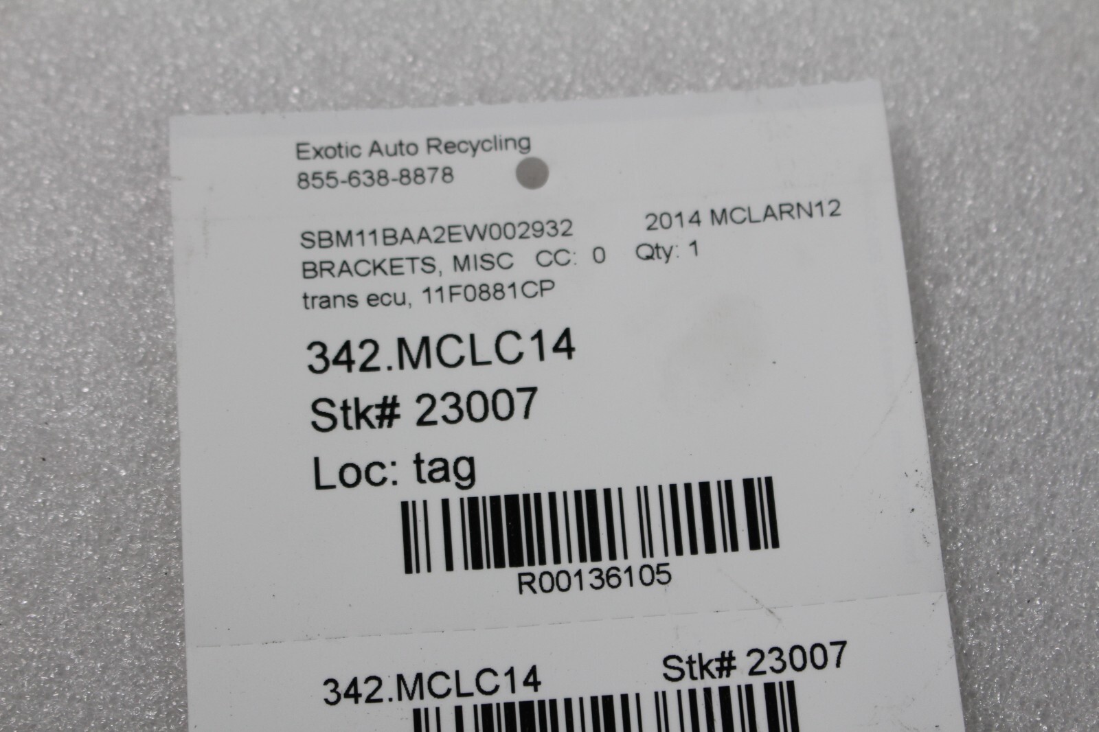 Mclaren MP4-12C, Transmission ECU Bracket, Used, P/N 11F0881CP