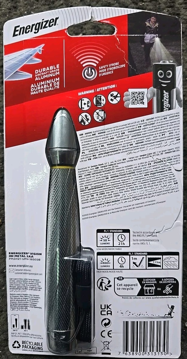 Torche LED Energizer Vision HD – Métal, 400 Lumens, IPX4, Avec 2 Piles AA, Neuve