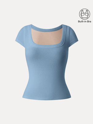 Oglmove Stretch Cotton Square Neck Cap Sleeve Bra Top, Dusk Blue
