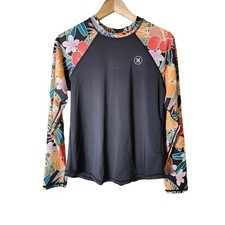 HURLEY Black Colorful Tropical Floral Surf Rash Guard UPF 50 Running Top SZ Mtr