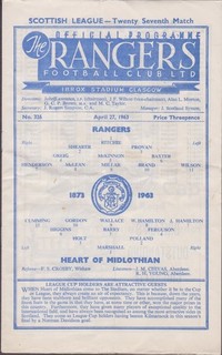 RANGERS v HEARTS 27 April 1963 no. 326