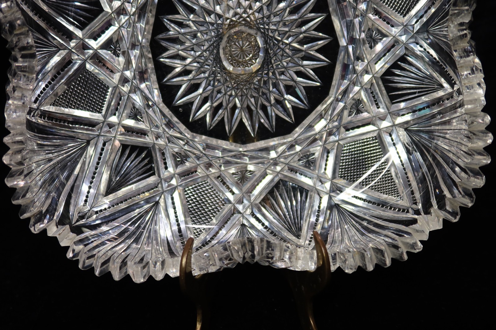 AMERICAN BRILLIANT DEEP CUT SQUARE BOWL ROLLED SCALLOPED RIM 9 1/2"