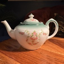 Vintage Green Ombre Floral Teapot Cottagecore English Ceramic c1930s–50s