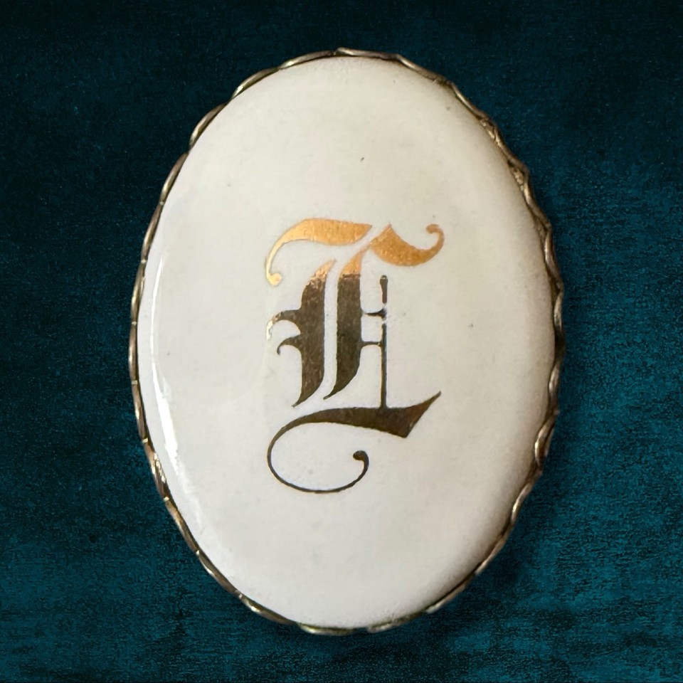 Initial L Brooch Vintage Milk Glass Gold Tone Monogram Pin
