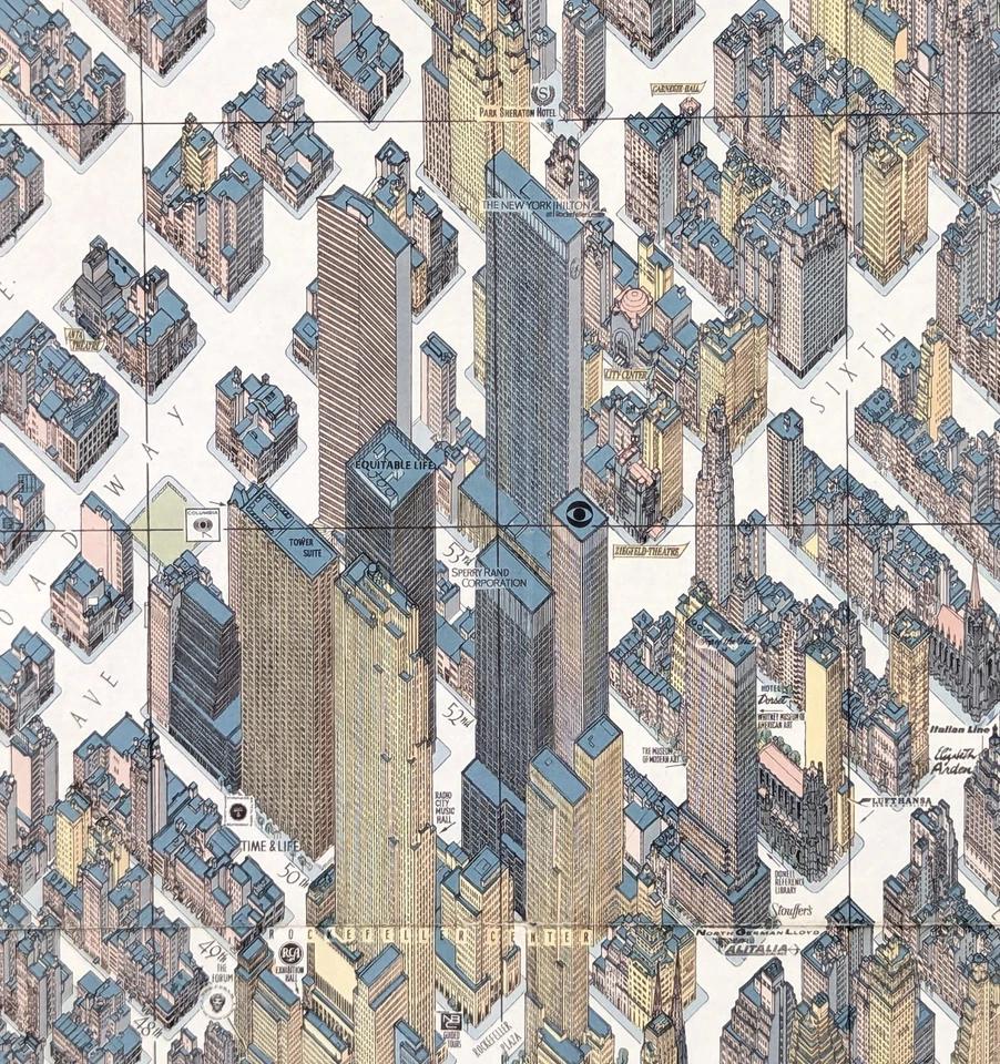 MANHATTAN 1962 - Mapa de la ciudad de Nueva York ORIGINAL Bollman (41x32) vista de pájaro Foto 3 de 4