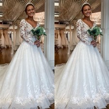 Elegant Wedding Dresses V Neck Lace Long Sleeves A Line Sweep Train Bridal Gowns