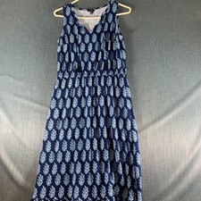 Talbots Women's Dress Size S P Blue White Print Sleeveless Drawstring Midi