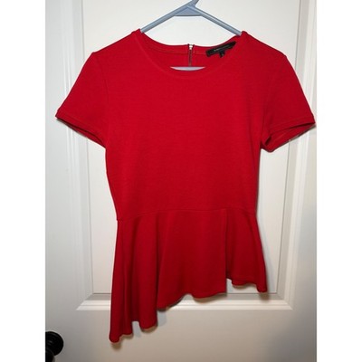 BCBGMAXAZRIA Harlee Red Asymmetrical Peplum Zip Back Top Small