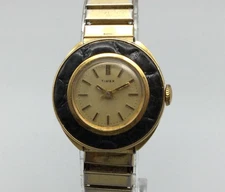 Vintage Timex Watch Womens 28mm Manual Wind Gold Tone Black Bezel Stretch Band