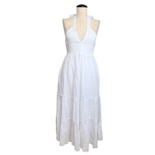 NEW Raga Sashi White Smocked Halter Tiered Eyelet Midi Dress XS