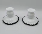 Vintage Fenton Black Crest Milk Glass Ruffled Edge Candlestick Pair Sweet