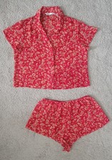 Vtg Victoria's Secret Sheer Floral Red Sleep Pajama Set Shorts Button Up Top M