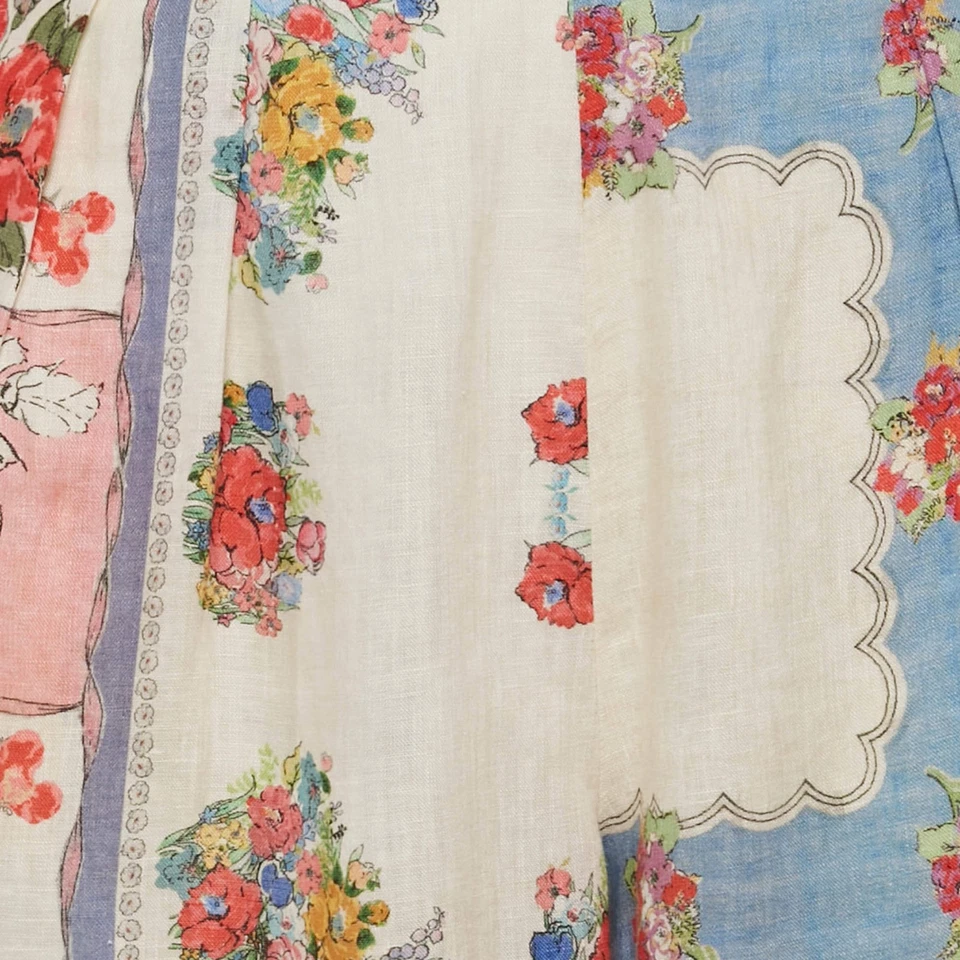 Zimmermann Multicolor Floral Print Clover Patchwork Linen Cuffed Trousers M - image 3 of 4