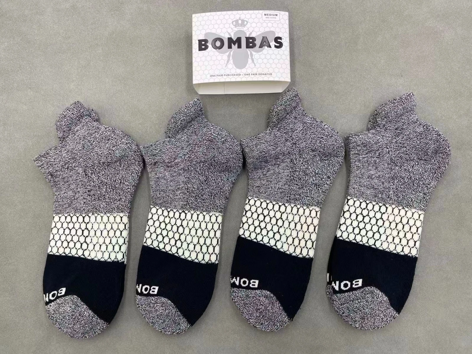 4 pairs BOMBAS Women's Tri-Block Marl Ankle Socks Medium 8-10.5 Black grey