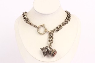 Vintage Style Horse Charm Necklace with Agate Stone 925 Silver 71.92g