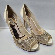 Size 9.5 - BADGLEY MISCHKA Beige Satin  Rhinestone Stiletto - 4.5in Heel