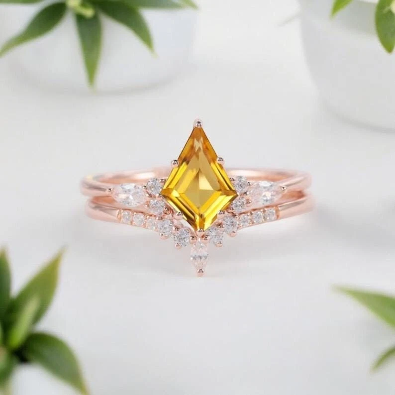 Juego de anillos de boda de citrino natural corte cometa victoriano plata 925 chapado en oro de 14K Foto 2 de 4