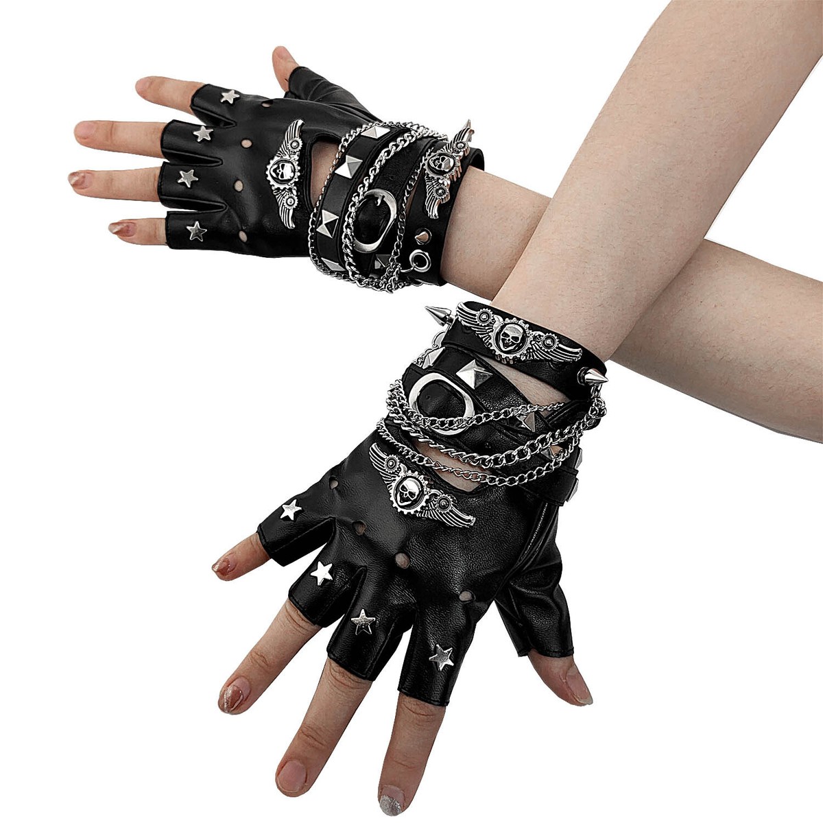 Women Stars Leather Gloves Punk Rock Wing Skull Fingerless Gloves With  Bracelet