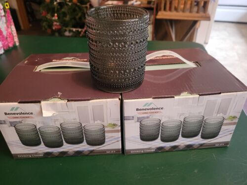Hobnail Drinking Glasses Set of 8 Grey Glassware Set Beaded Drinking Glasses NEW
