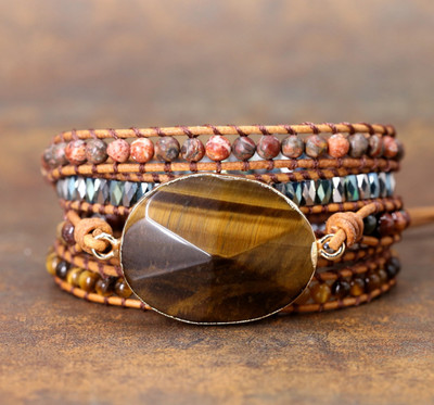Tigers Eye Premium Chakra Healing Stone Leather 5 Strand Wrap Bracelet F1